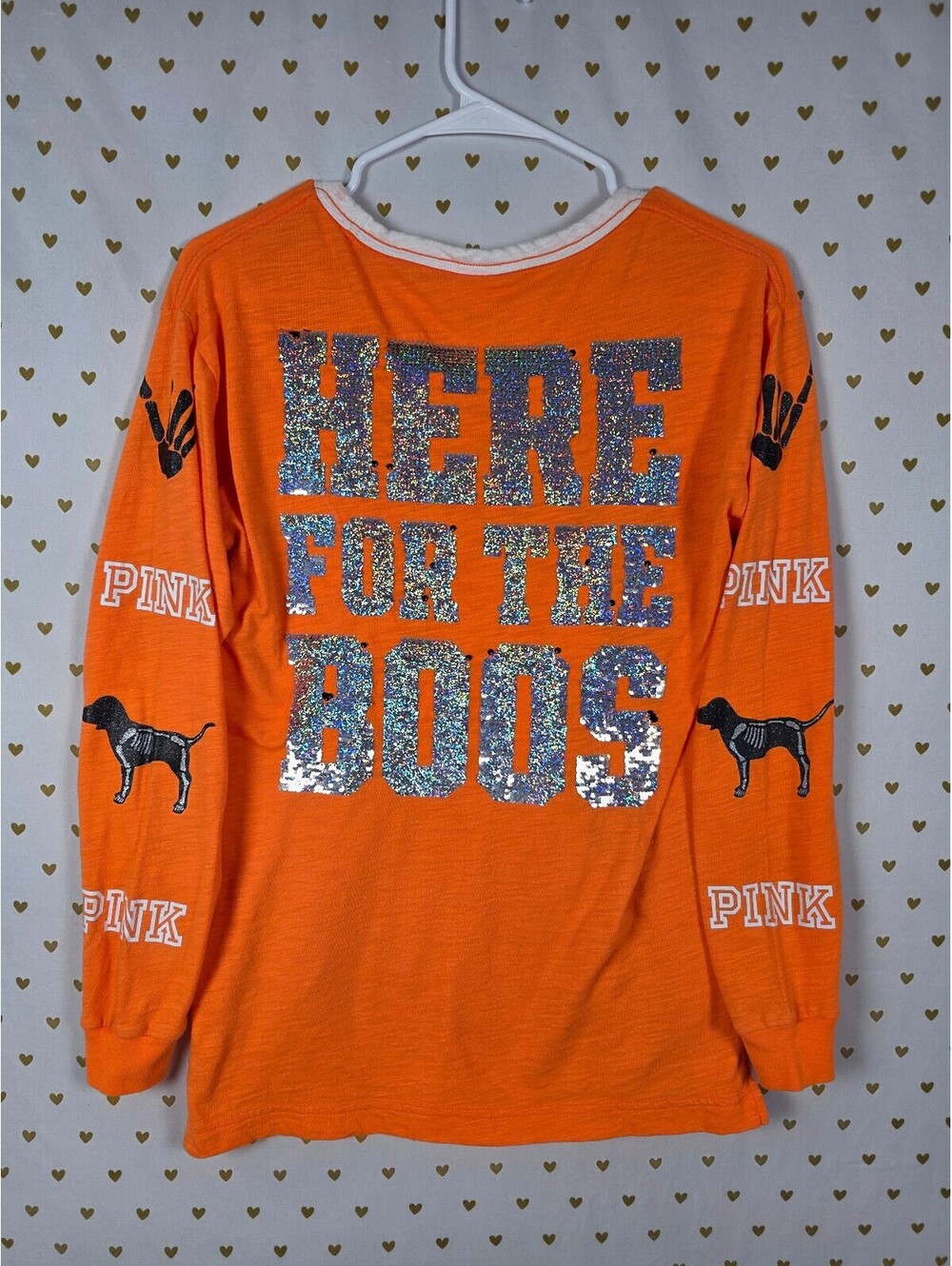 Victorias Secret PINK HTF HALLOWEEN Here for the BOOS BLING Tee Sequined XS